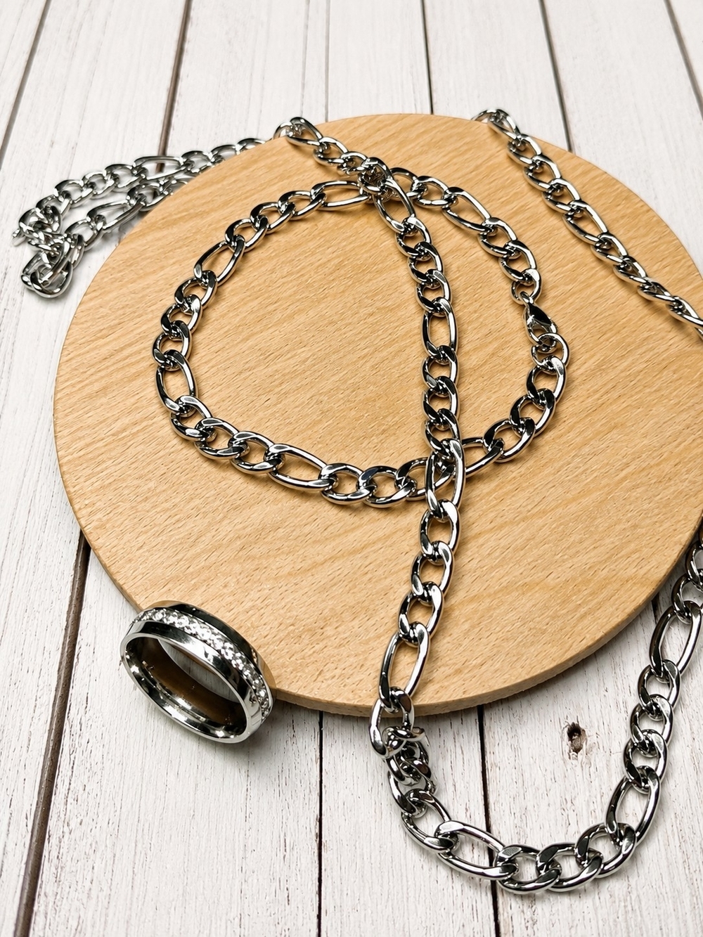 3pc Men's Silver Chain Necklace, Bracelet And Tungsten Ring With CZ